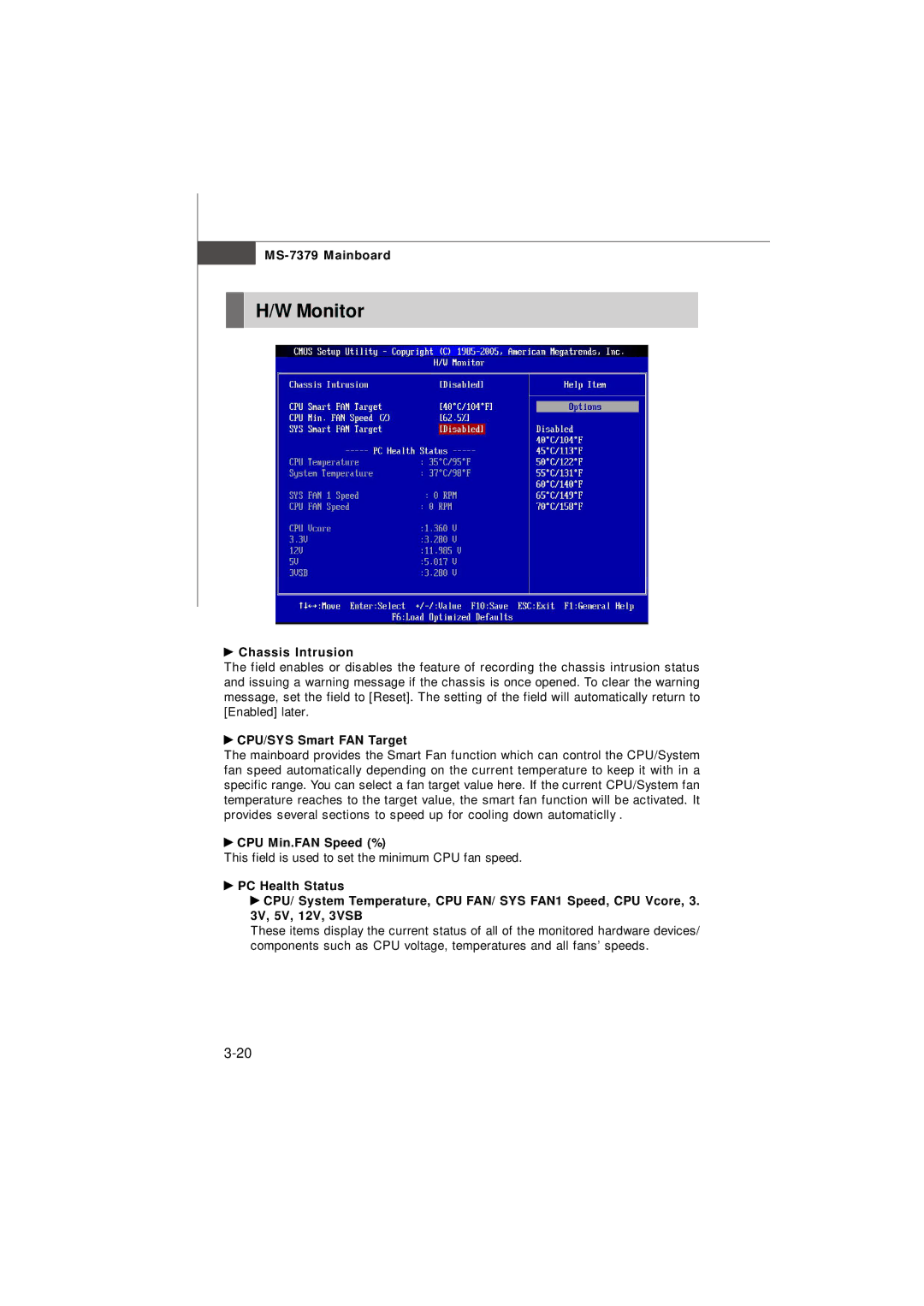 Micro Star  Computer G31M manual Monitor, Chassis Intrusion, CPU/SYS Smart FAN Target, CPU Min.FAN Speed % 