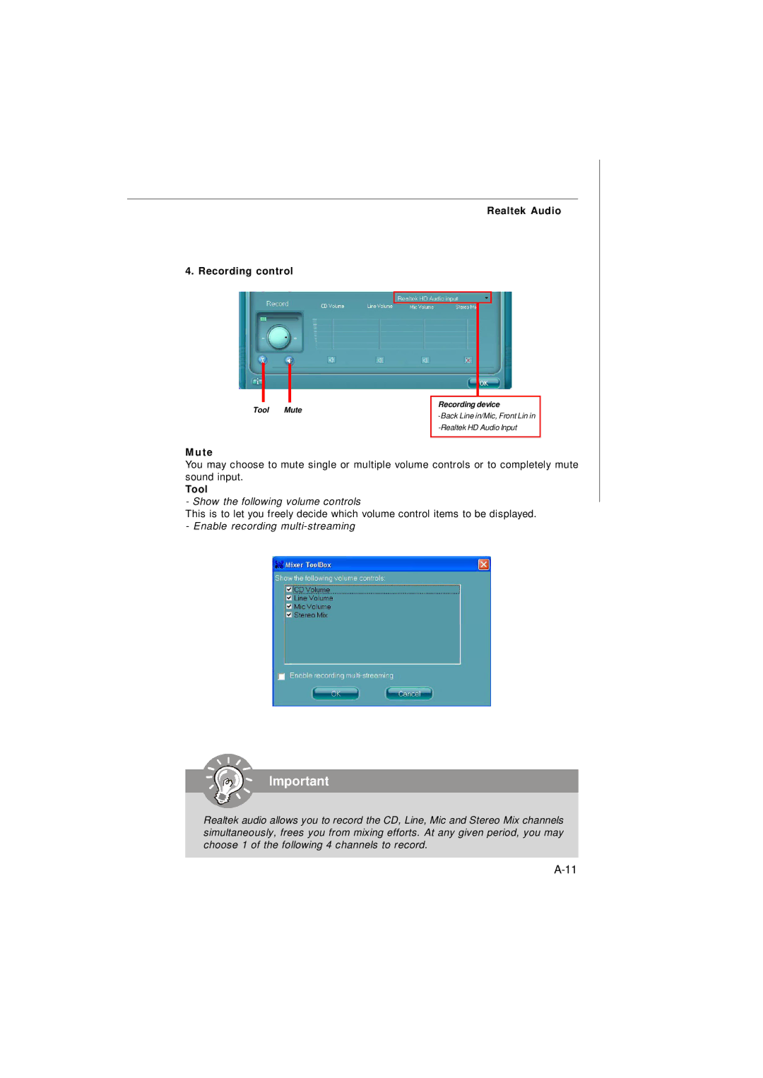 Micro Star  Computer G31M manual Recording control, Ute Realtek Audio 