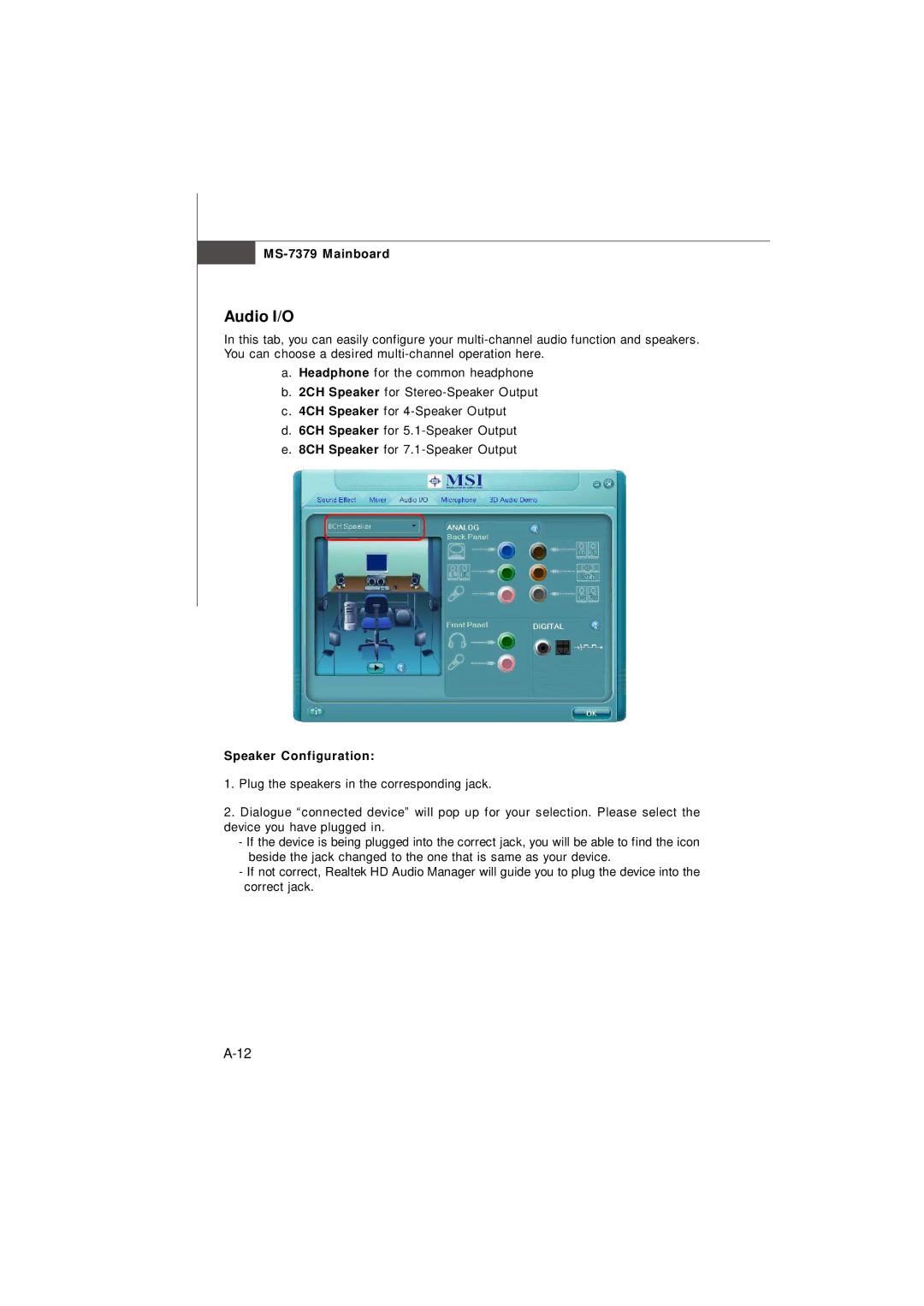 Micro Star  Computer G31M manual Audio I/O, Speaker Configuration 