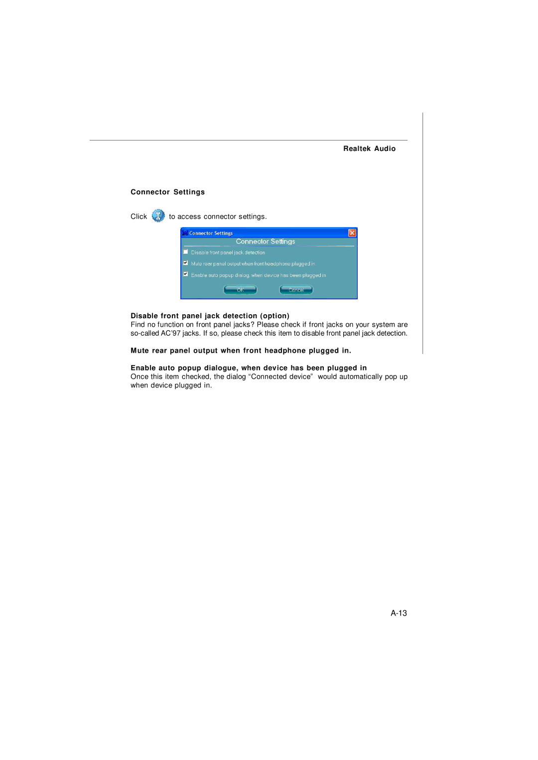 Micro Star  Computer G31M manual Realtek Audio Connector Settings, Disable front panel jack detection option 