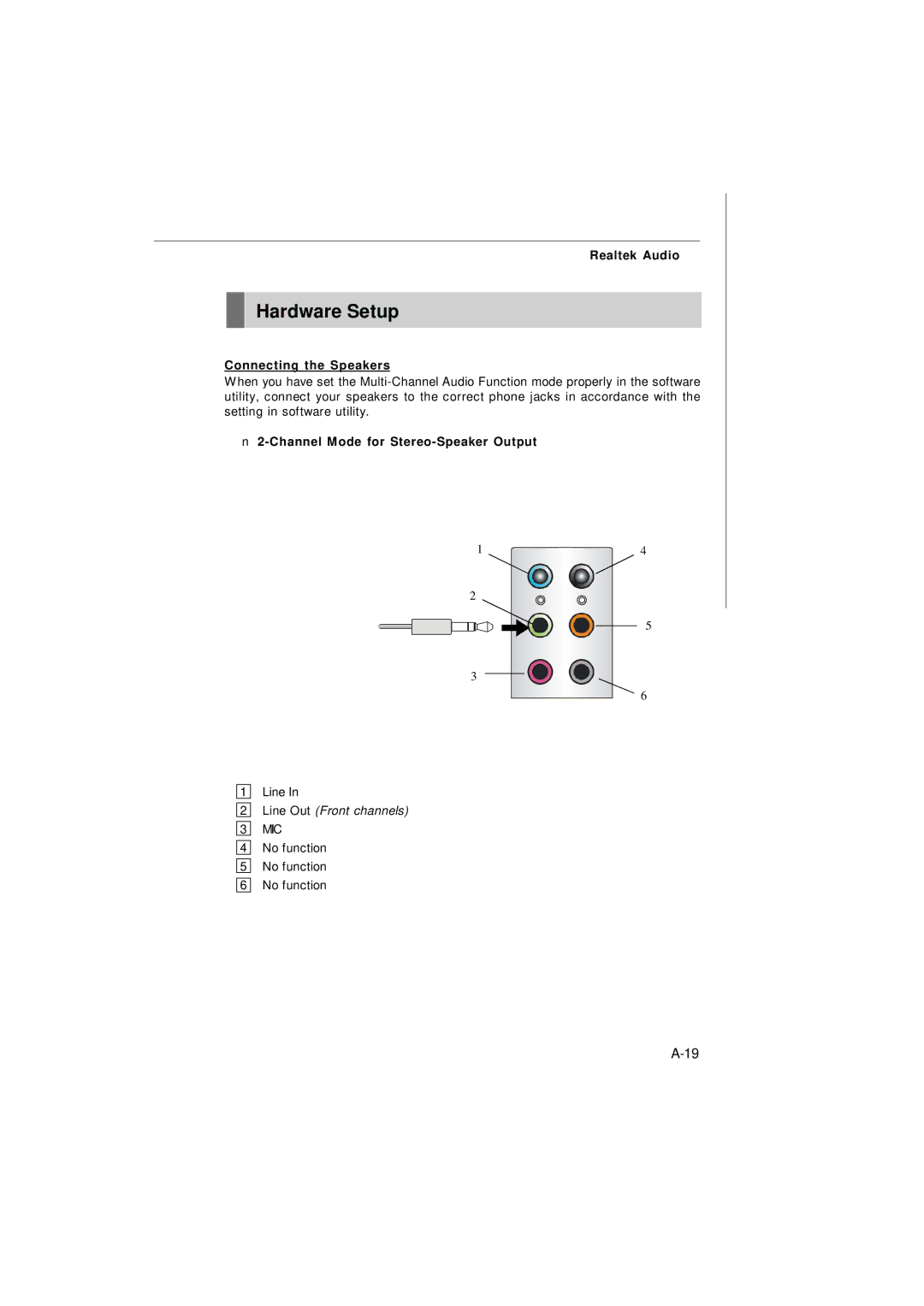 Micro Star  Computer G31M manual Hardware Setup, Connecting the Speakers, Channel Mode for Stereo-Speaker Output 