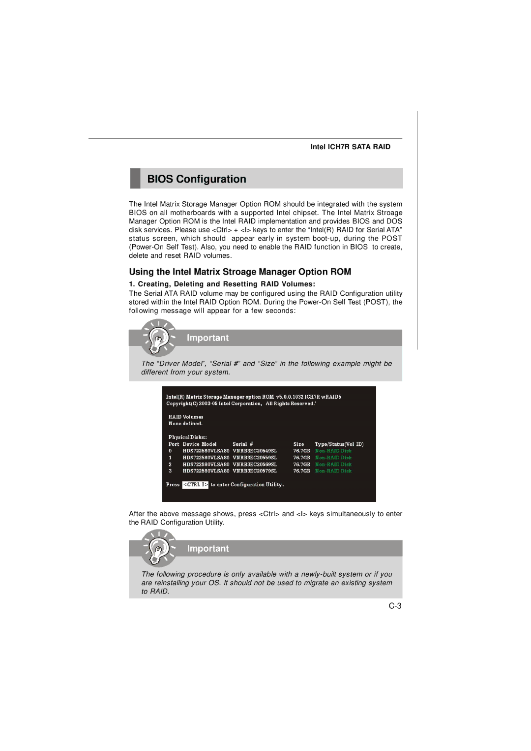 Micro Star  Computer G31M Bios Configuration, Using the Intel Matrix Stroage Manager Option ROM, Intel ICH7R Sata RAID 