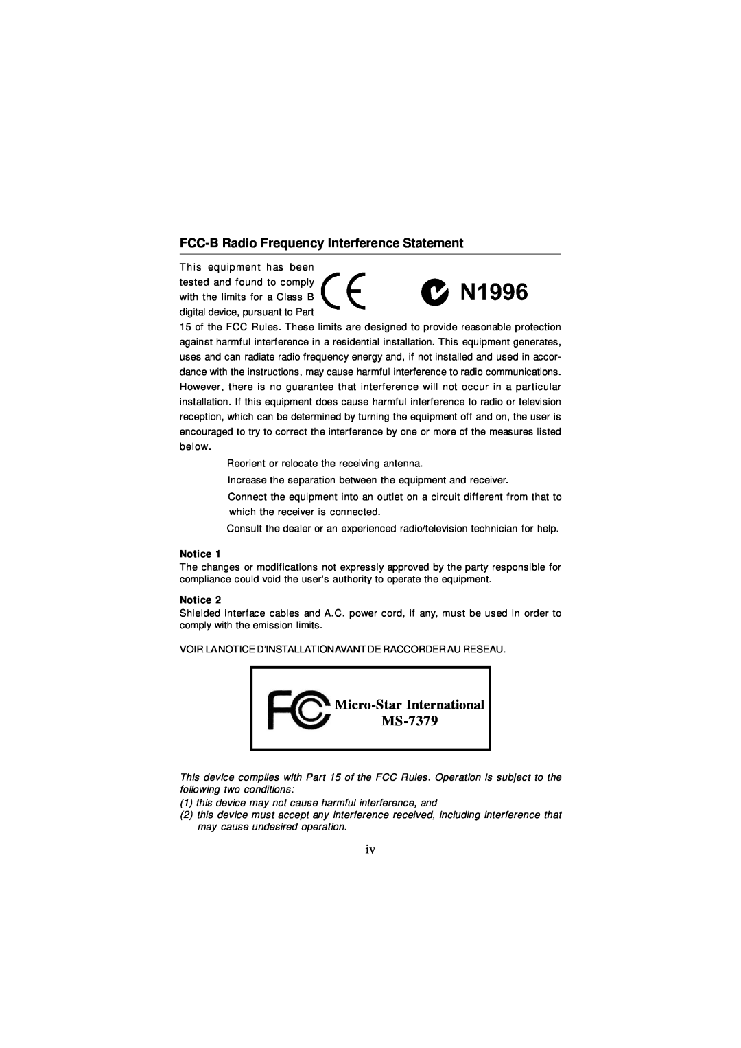 Micro Star  Computer G31M manual FCC-B Radio Frequency Interference Statement, Micro-Star International MS-7379 