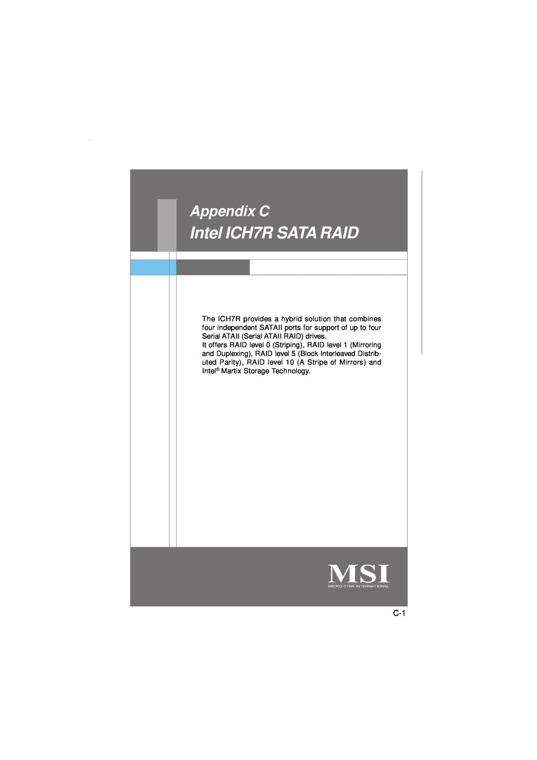 Micro Star  Computer G31M manual Intel ICH7R SATA RAID, Appendix C 
