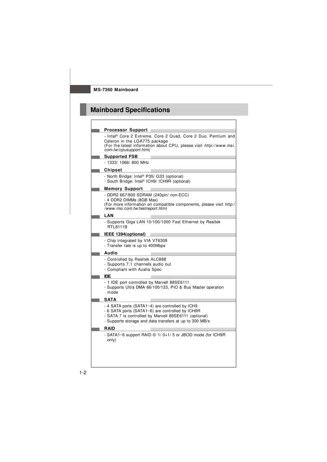 Micro Star  Computer G52-73601X1 manual Mainboard Specifications, Lan, Ide, Sata, Raid 