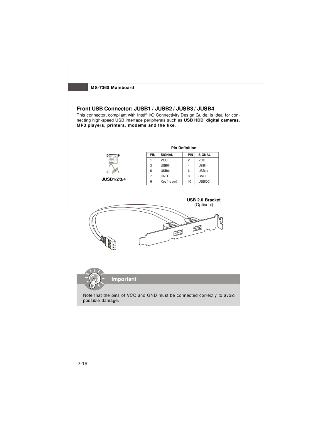 Micro Star  Computer G52-73601X1 manual Front USB Connector JUSB1 / JUSB2 / JUSB3 / JUSB4, JUSB1/2/3/4, USB 2.0 Bracket 