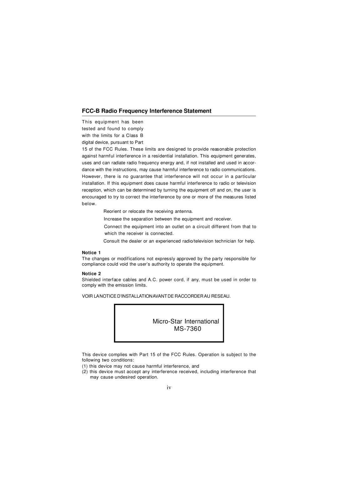 Micro Star  Computer G52-73601X1 manual Micro-Star International MS-7360, FCC-B Radio Frequency Interference Statement 