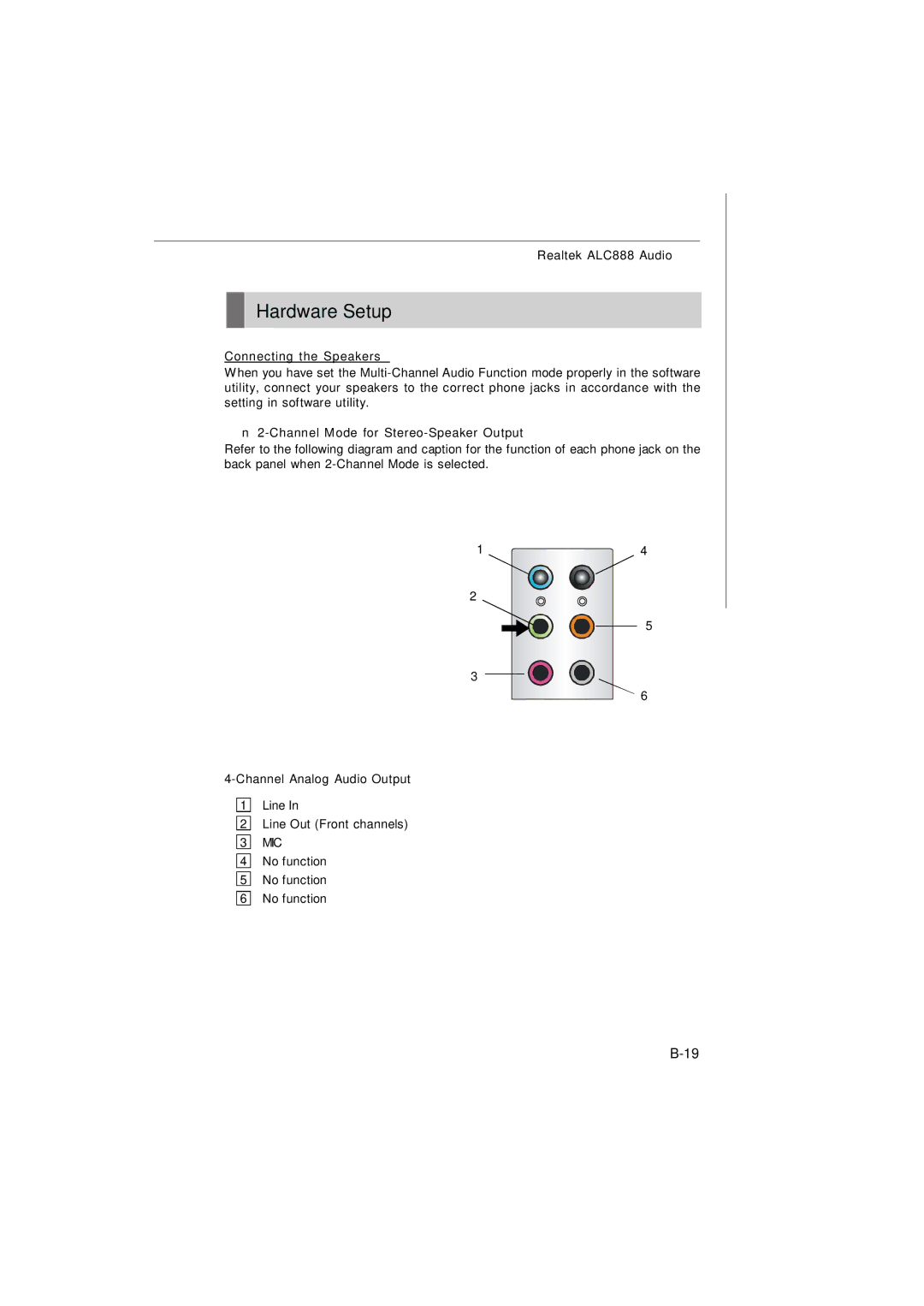 Micro Star  Computer G52-73601X1 manual Hardware Setup, Connecting the Speakers, Channel Mode for Stereo-Speaker Output 