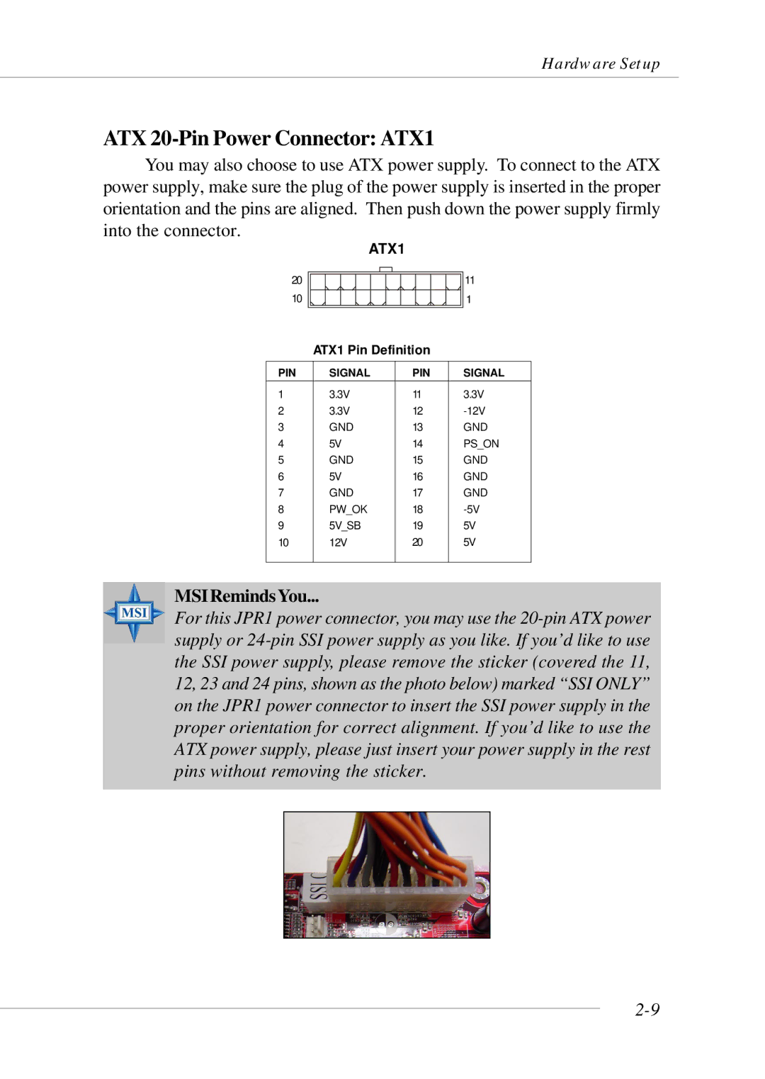 Micro Star  Computer MS- 9130 v1.x manual ATX 20-Pin Power Connector ATX1, MSIRemindsYou 