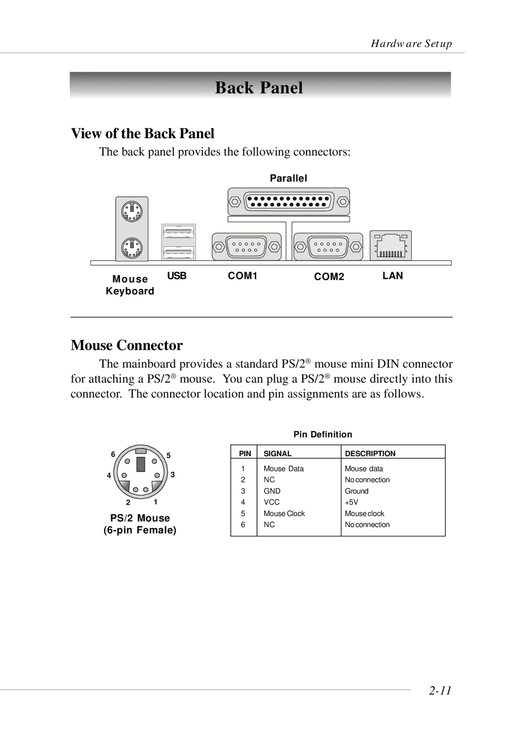 Micro Star  Computer MS- 9130 v1.x manual View of the Back Panel, Mouse Connector 