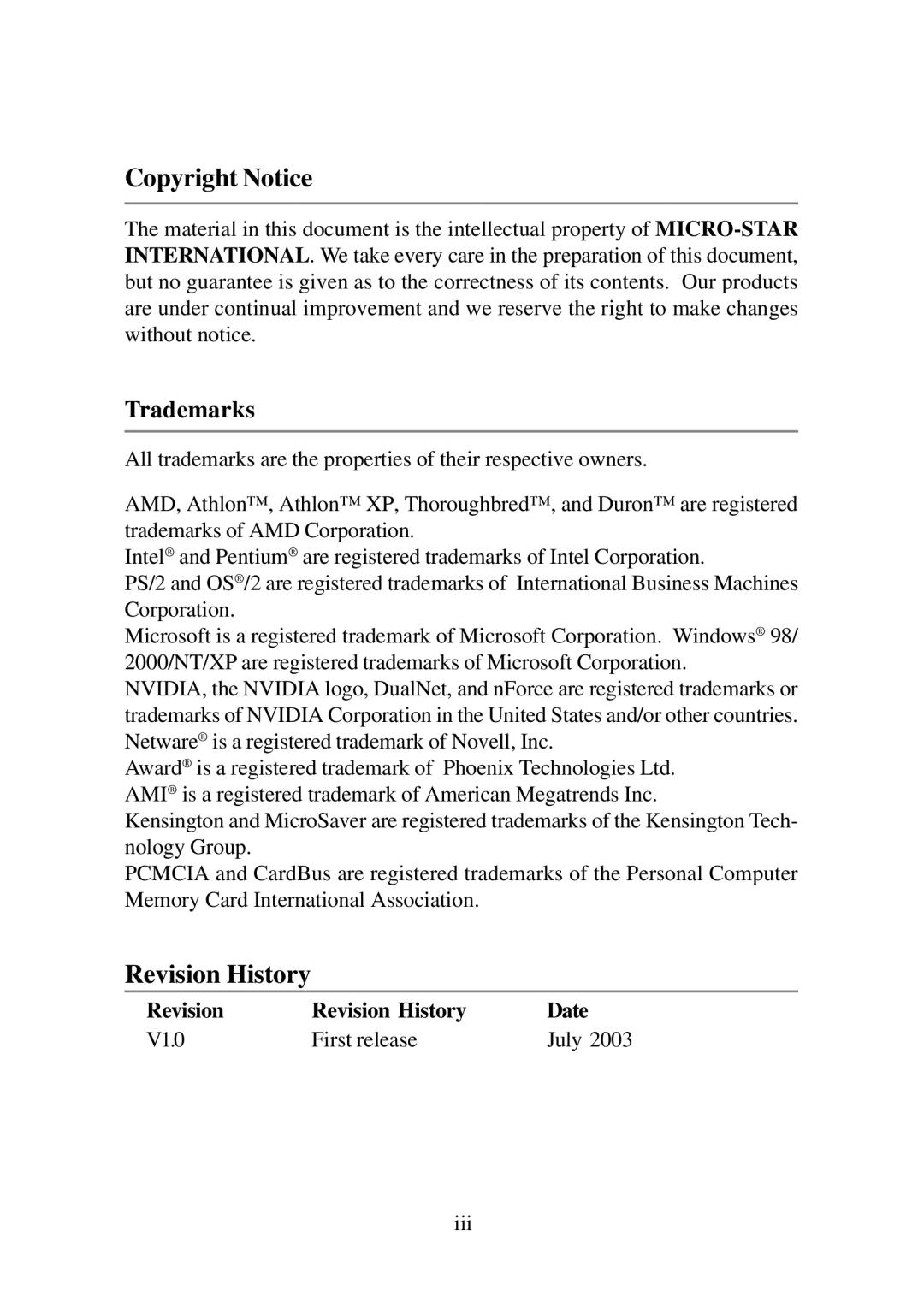 Micro Star  Computer MS- 9130 v1.x manual Copyright Notice, Revision History 