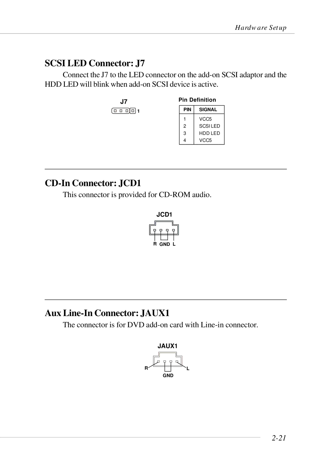 Micro Star  Computer MS- 9130 v1.x manual Scsi LED Connector J7, CD-In Connector JCD1, Aux Line-In Connector JAUX1 