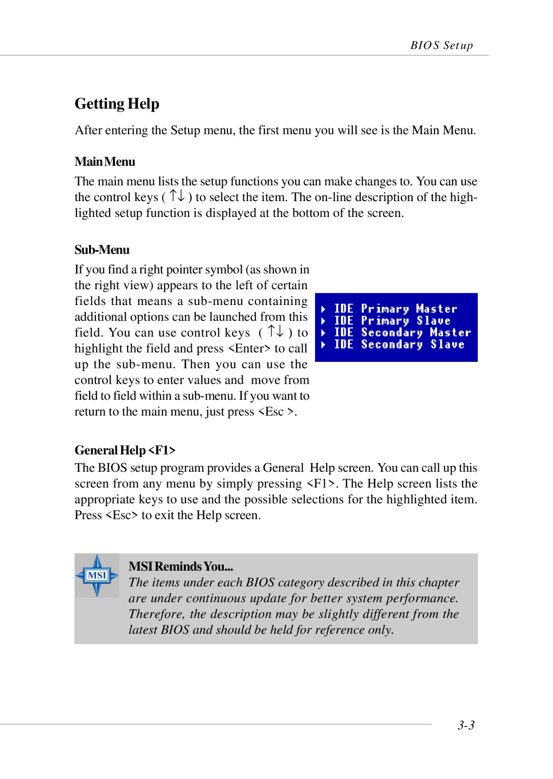 Micro Star  Computer MS- 9130 v1.x manual Getting Help, MainMenu, Sub-Menu, General Help F1 