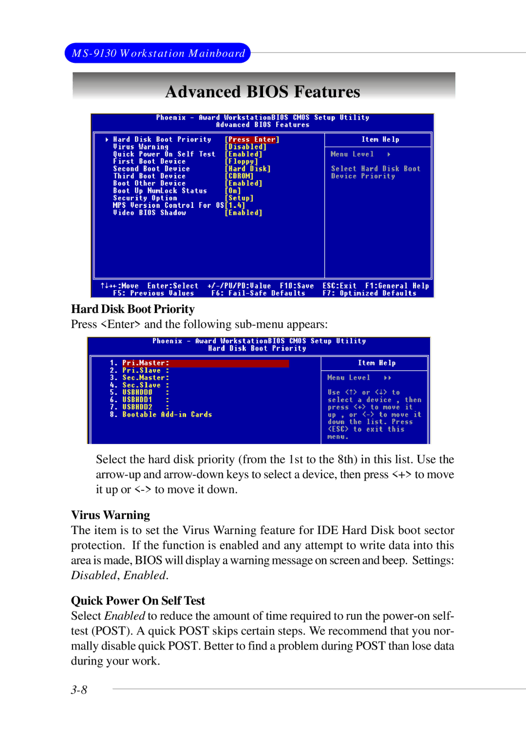 Micro Star  Computer MS- 9130 v1.x manual Advanced Bios Features, Hard Disk Boot Priority, Virus Warning 