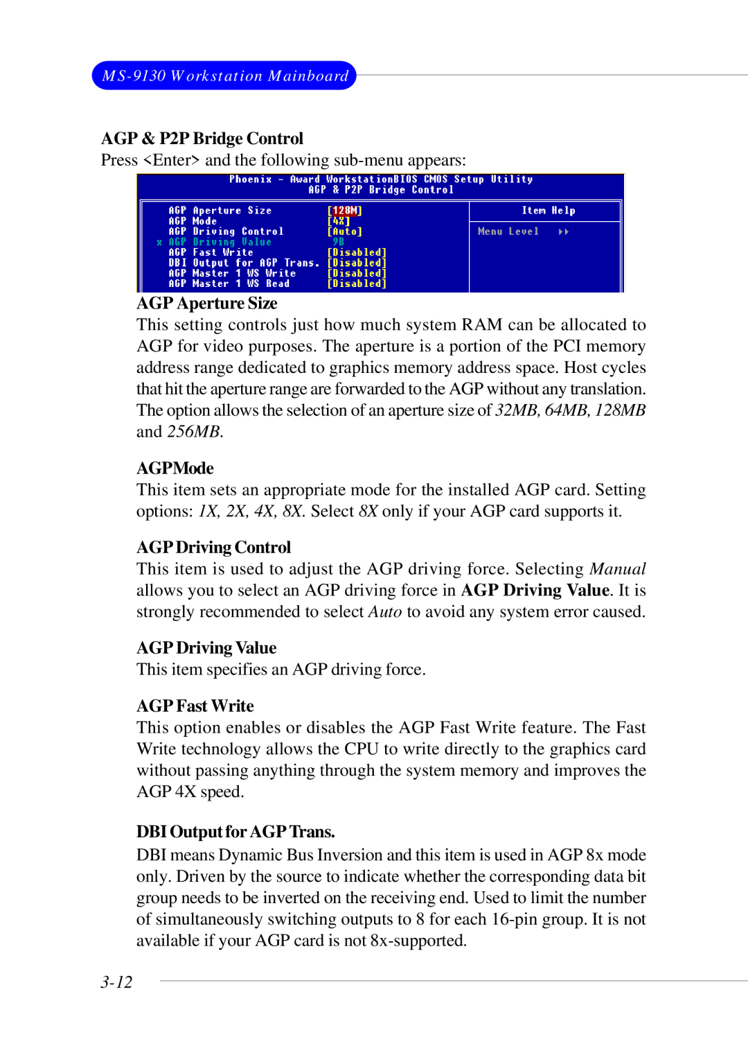 Micro Star  Computer MS- 9130 v1.x manual AGP & P2P Bridge Control, AGP Aperture Size, AGPMode, AGP Driving Control 