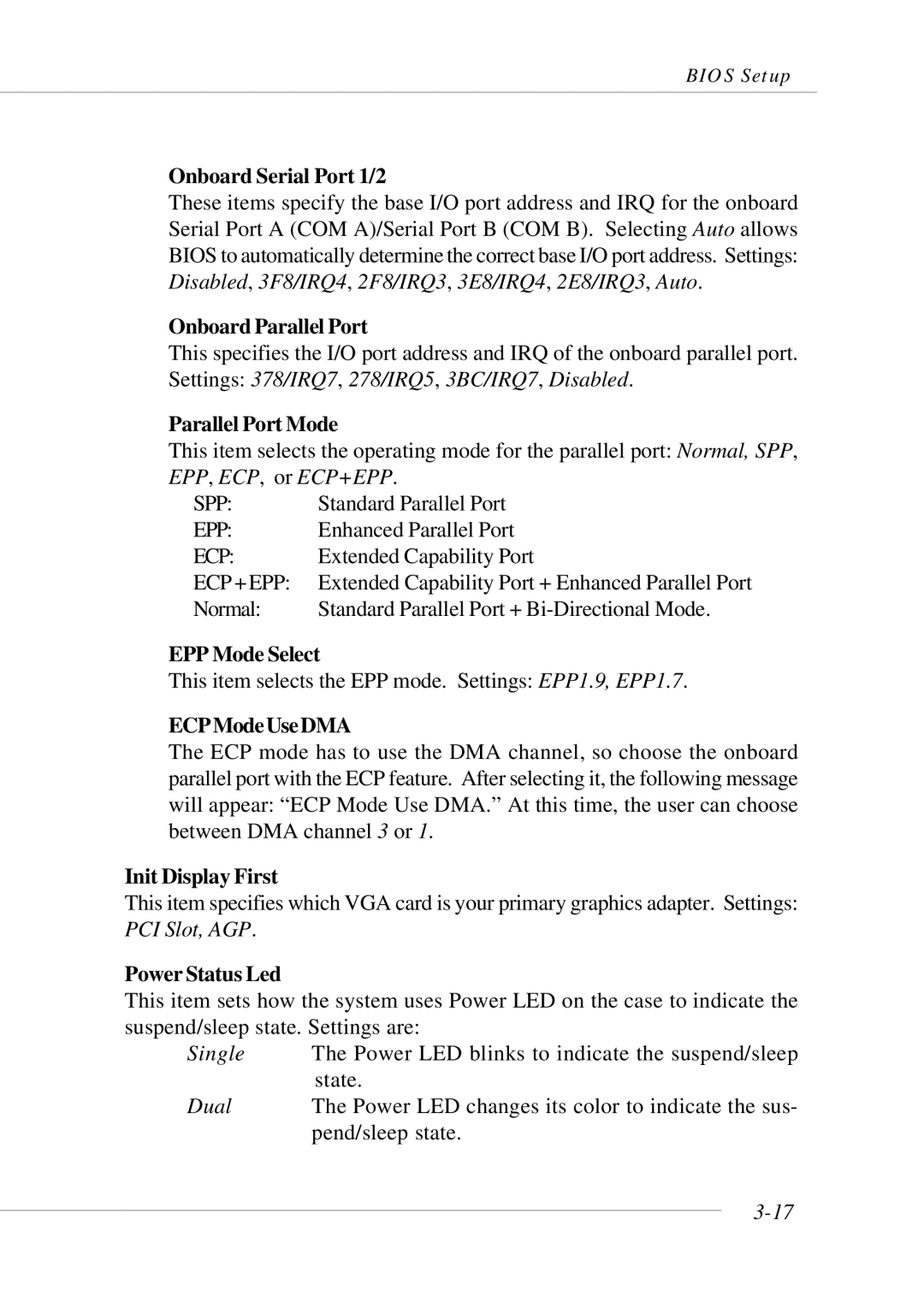 Micro Star  Computer MS- 9130 v1.x Onboard Serial Port 1/2, Onboard Parallel Port, Parallel Port Mode, EPP Mode Select 