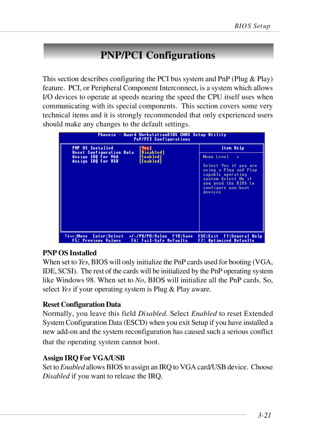 Micro Star  Computer MS- 9130 v1.x manual PNP/PCI Configurations, PNP OS Installed, Reset Configuration Data 