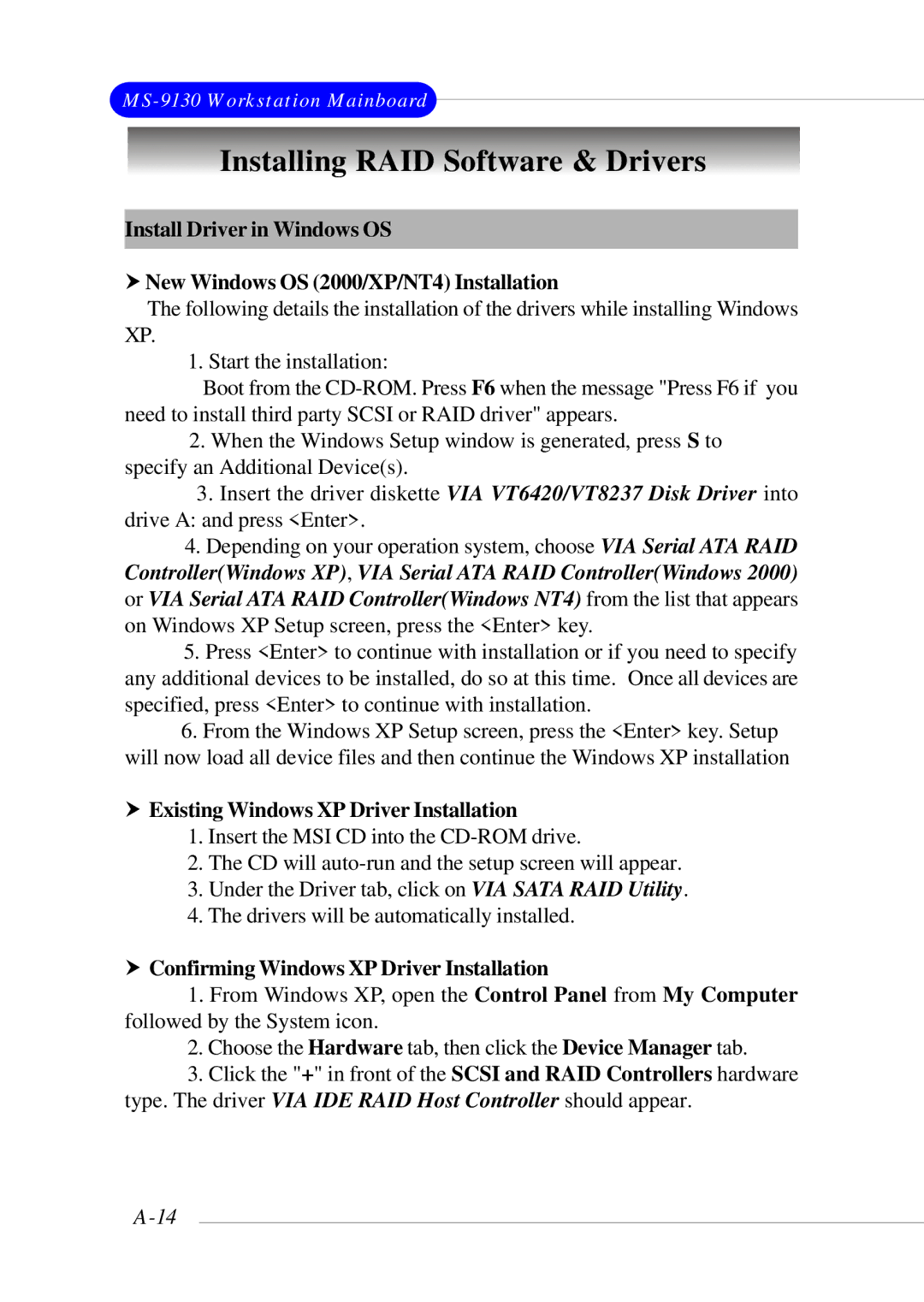 Micro Star  Computer MS- 9130 v1.x manual Installing RAID Software & Drivers, Existing Windows XP Driver Installation 