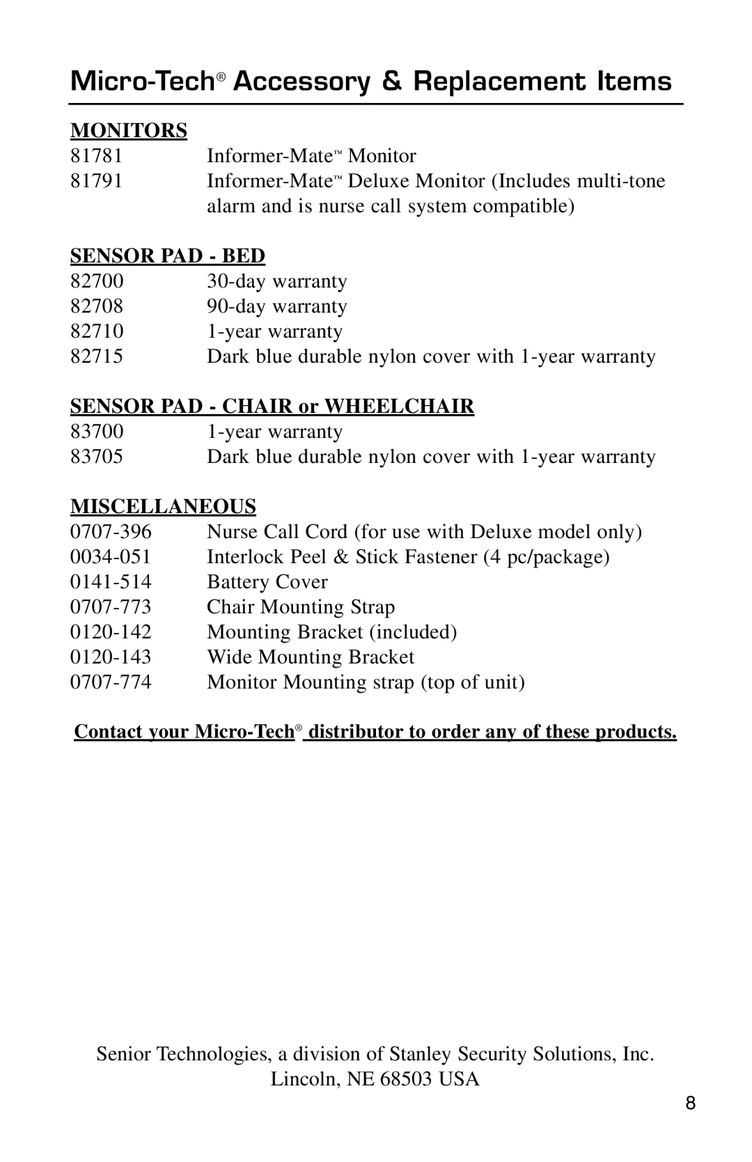 Micro Technic 81781, 81791 user manual Micro-TechAccessory & Replacement Items, Monitors 