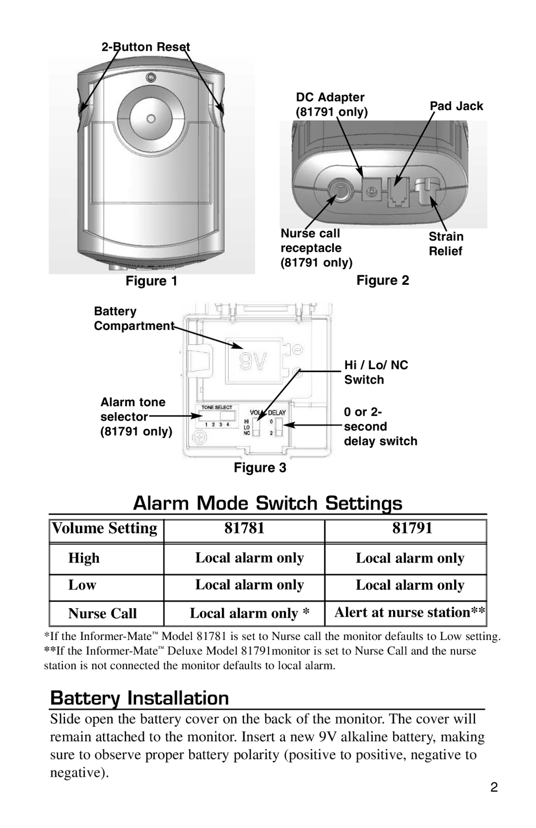 Micro Technic 81781, 81791 user manual Alarm Mode Switch Settings, Battery Installation 