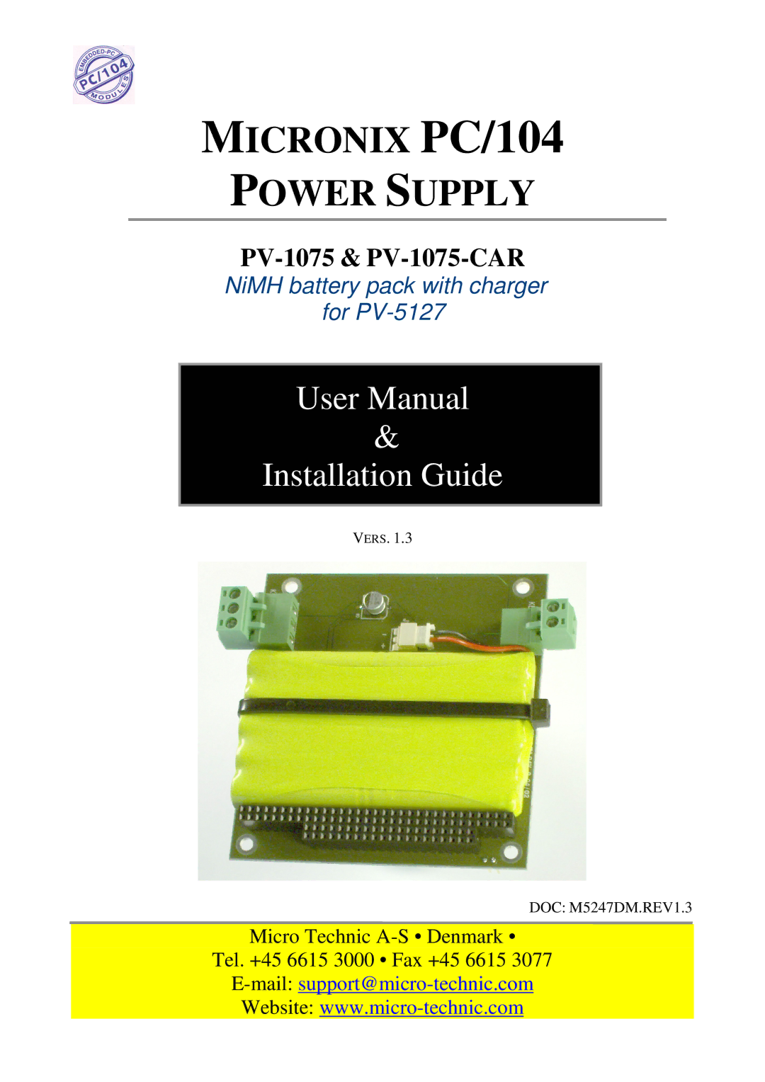 Micro Technic PV-1075-CAR user manual Micronix PC/104 Power Supply 