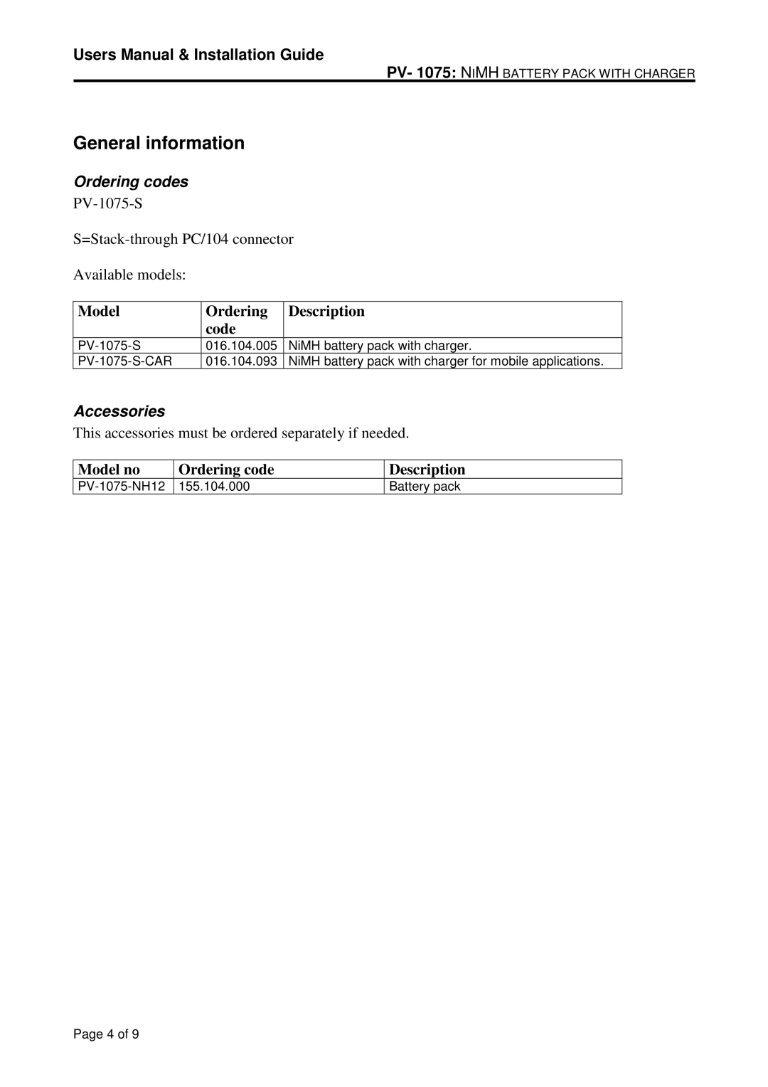 Micro Technic PV-1075-CAR user manual General information, Ordering codes, Accessories 