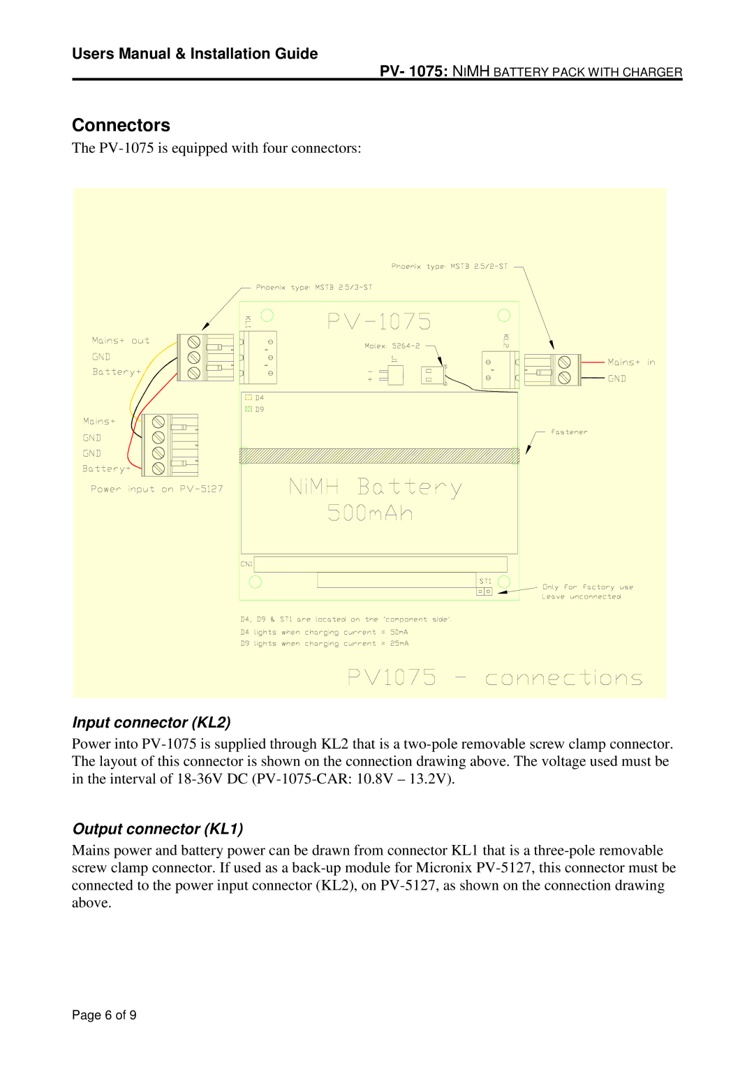 Micro Technic PV-1075-CAR user manual Connectors, Input connector KL2, Output connector KL1 