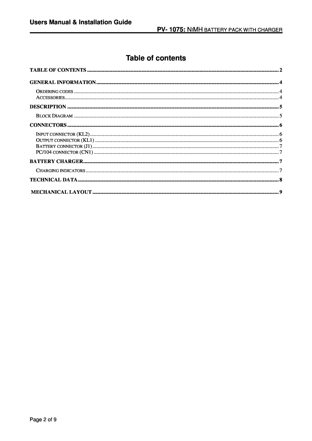 Micro Technic PV-1075-CAR Users Manual & Installation Guide, Table of contents, Table Of Contents, General Information 