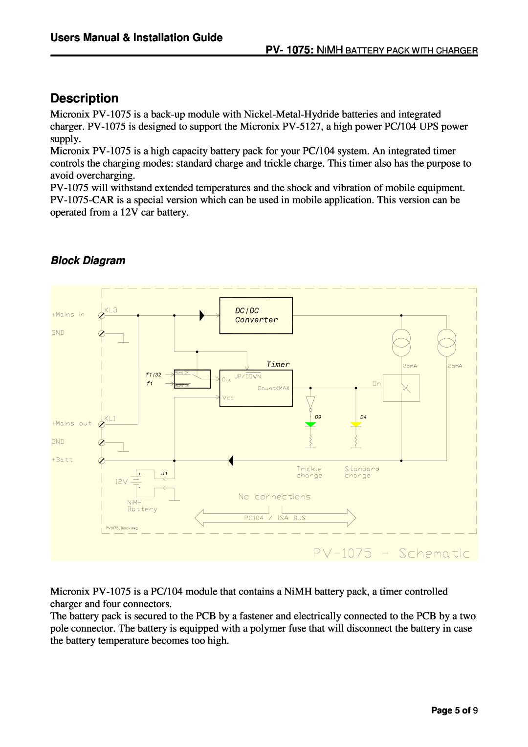 Micro Technic PV-1075-CAR user manual Description, Block Diagram, Users Manual & Installation Guide 