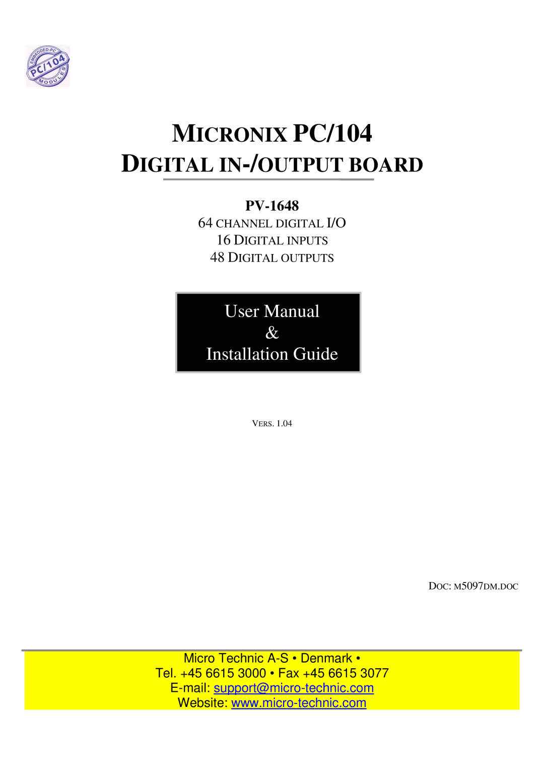 Micro Technic PV-1648 user manual Micronix PC/104 Digital IN-/OUTPUT Board 