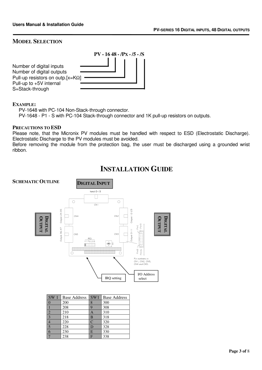 Micro Technic PV-1648 user manual PV 16 48 /PX- /5 /S, Example, Precautions to ESD, Schematic Outline, Digital Input 