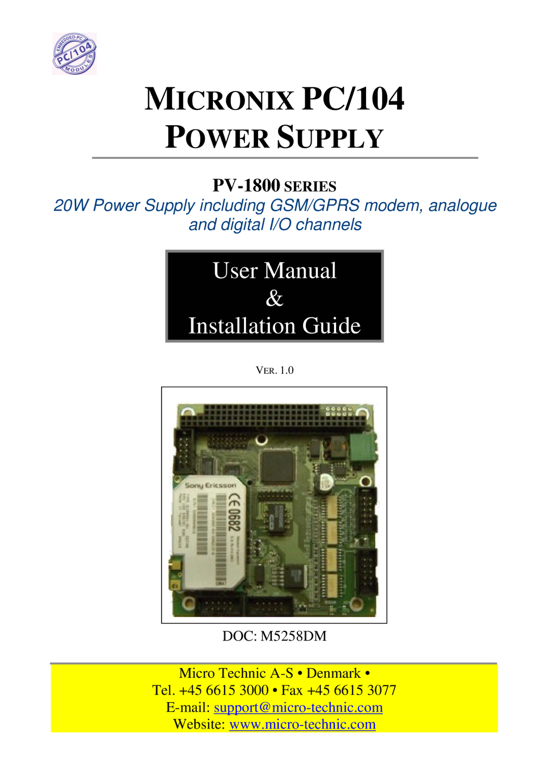 Micro Technic PV-1800 user manual Micronix PC/104 Power Supply 