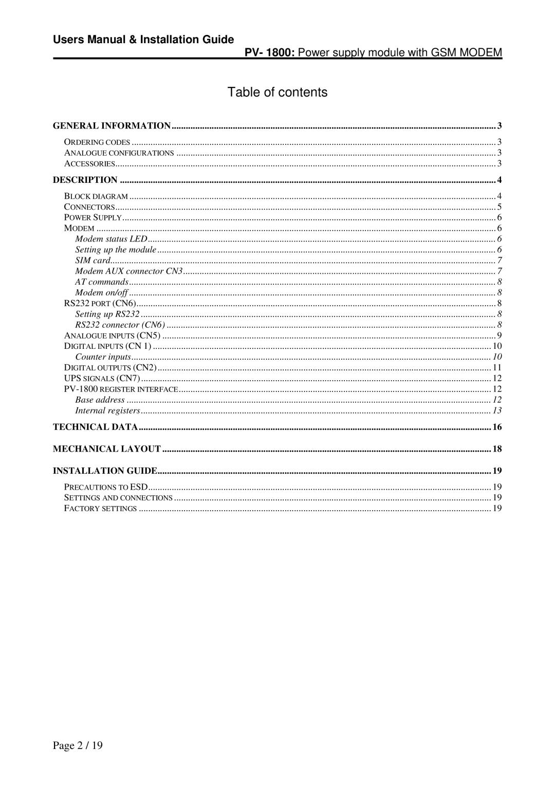 Micro Technic PV-1800 user manual Table of contents 