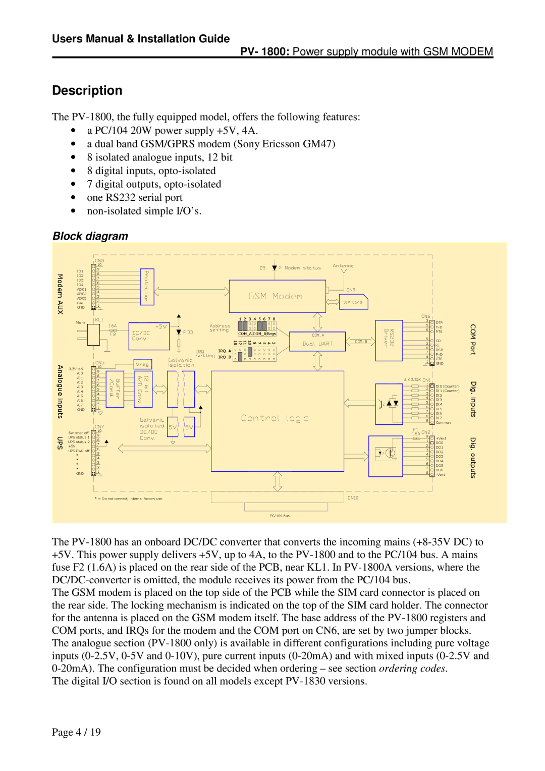 Micro Technic PV-1800 user manual Description, Block diagram 