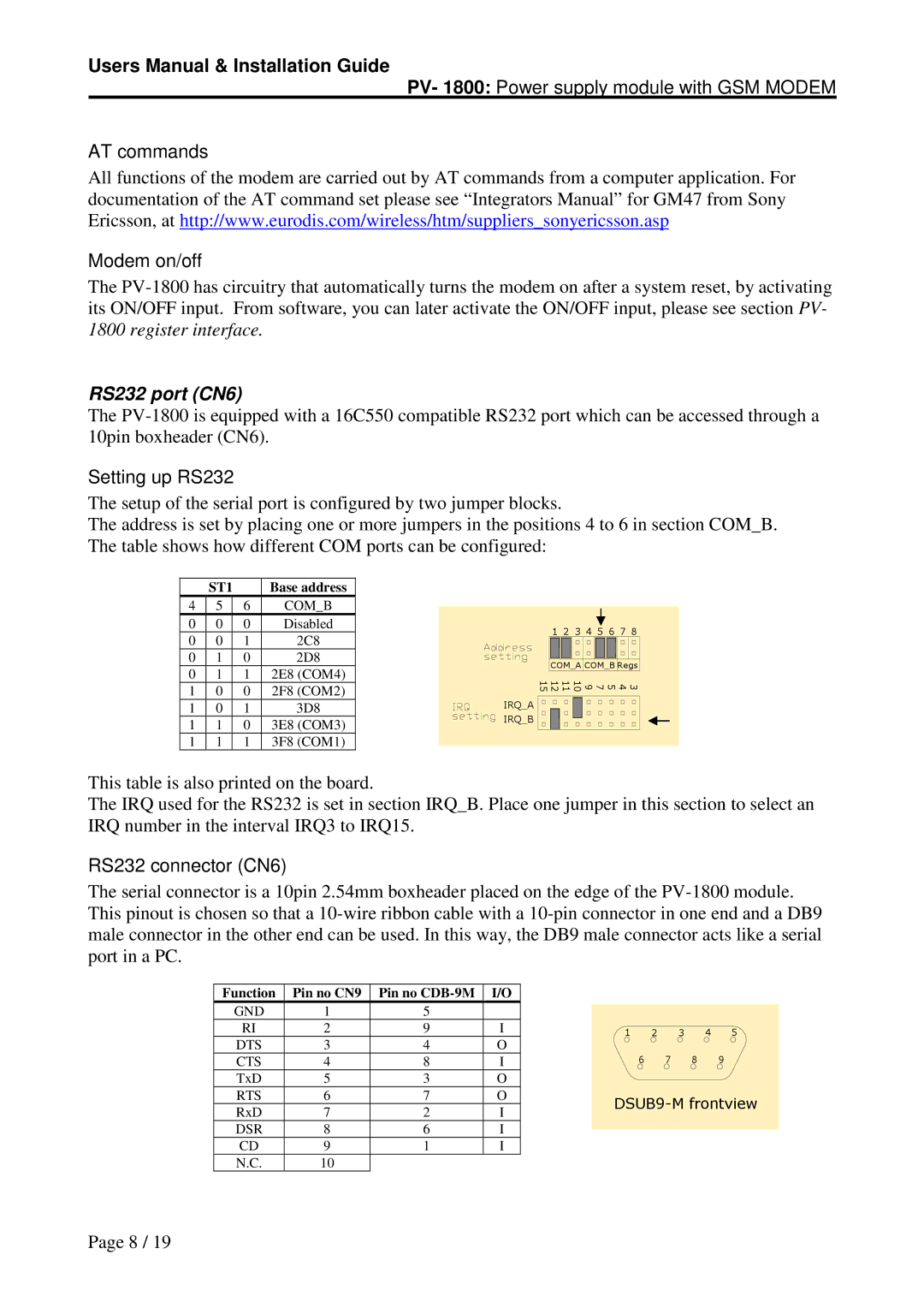 Micro Technic PV-1800 user manual RS232 port CN6, Setting up RS232, RS232 connector CN6, Pin no CN9 