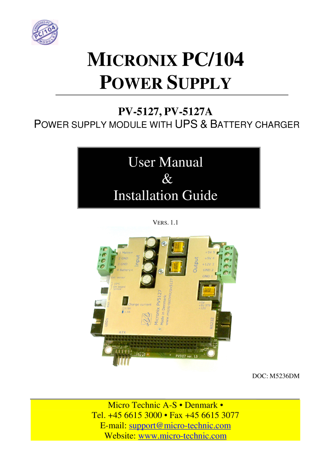 Micro Technic PV-5127A user manual Micronix PC/104 Power Supply 