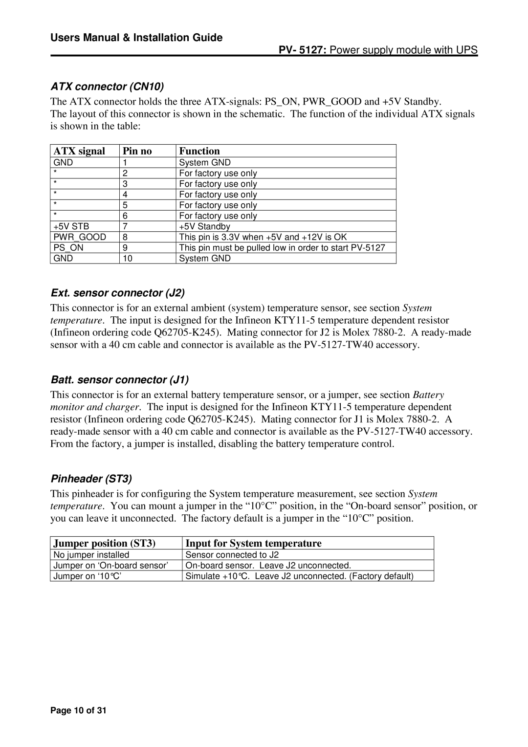 Micro Technic PV-5127A ATX connector CN10, Ext. sensor connector J2, Batt. sensor connector J1, Pinheader ST3 