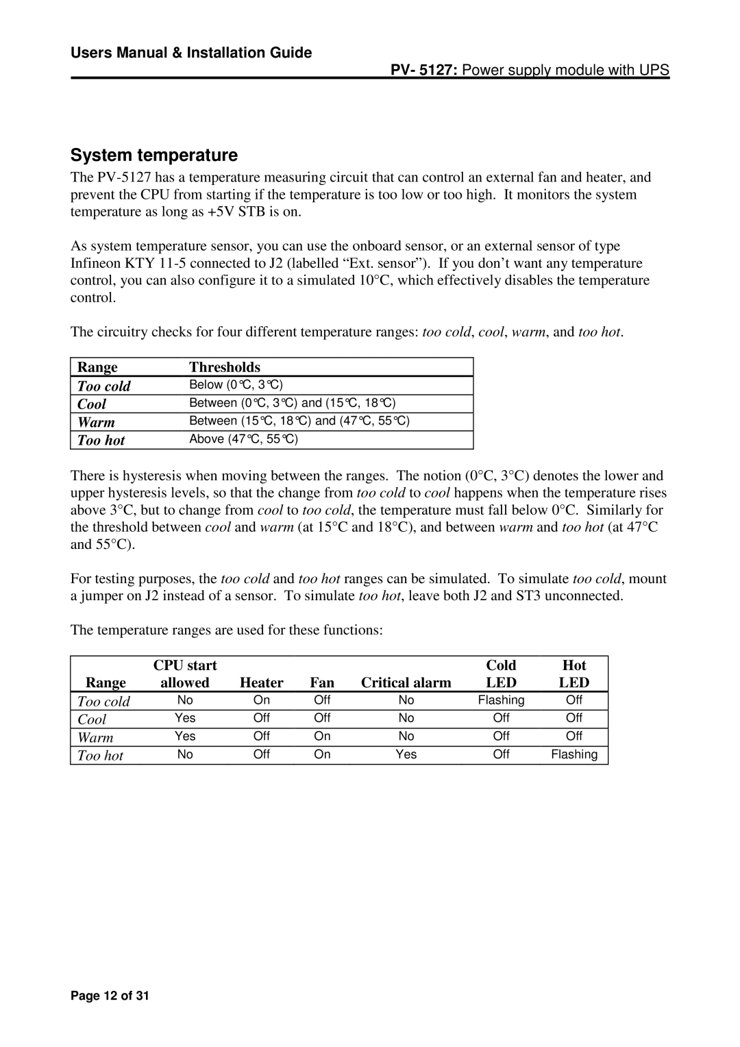 Micro Technic PV-5127A user manual System temperature, Too cold, Cool, Warm, Too hot 