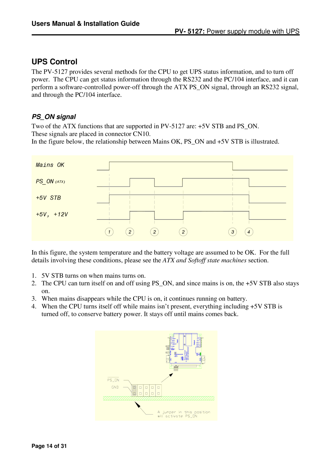 Micro Technic PV-5127A user manual UPS Control, Pson signal 