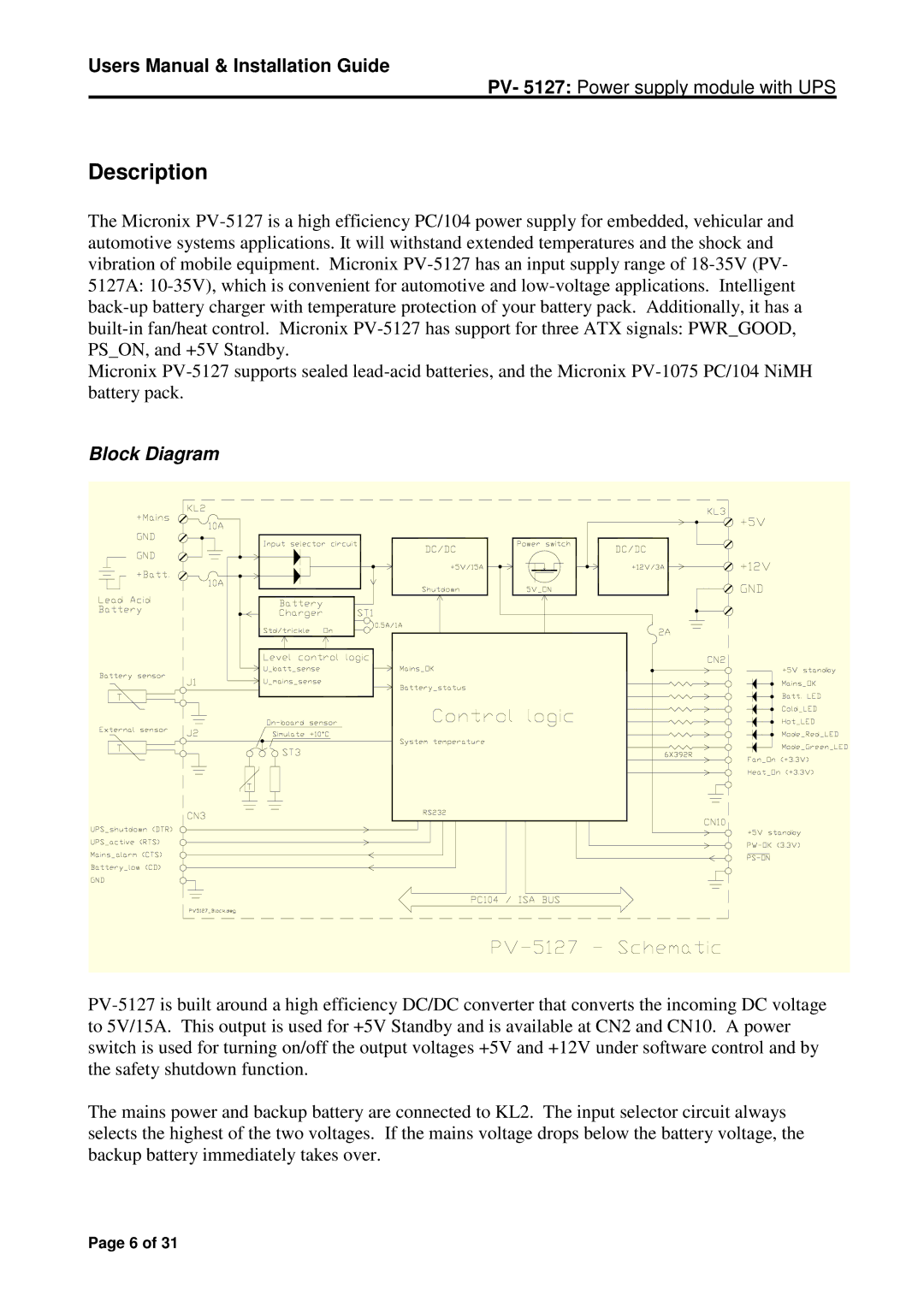 Micro Technic PV-5127A user manual Description, Block Diagram 