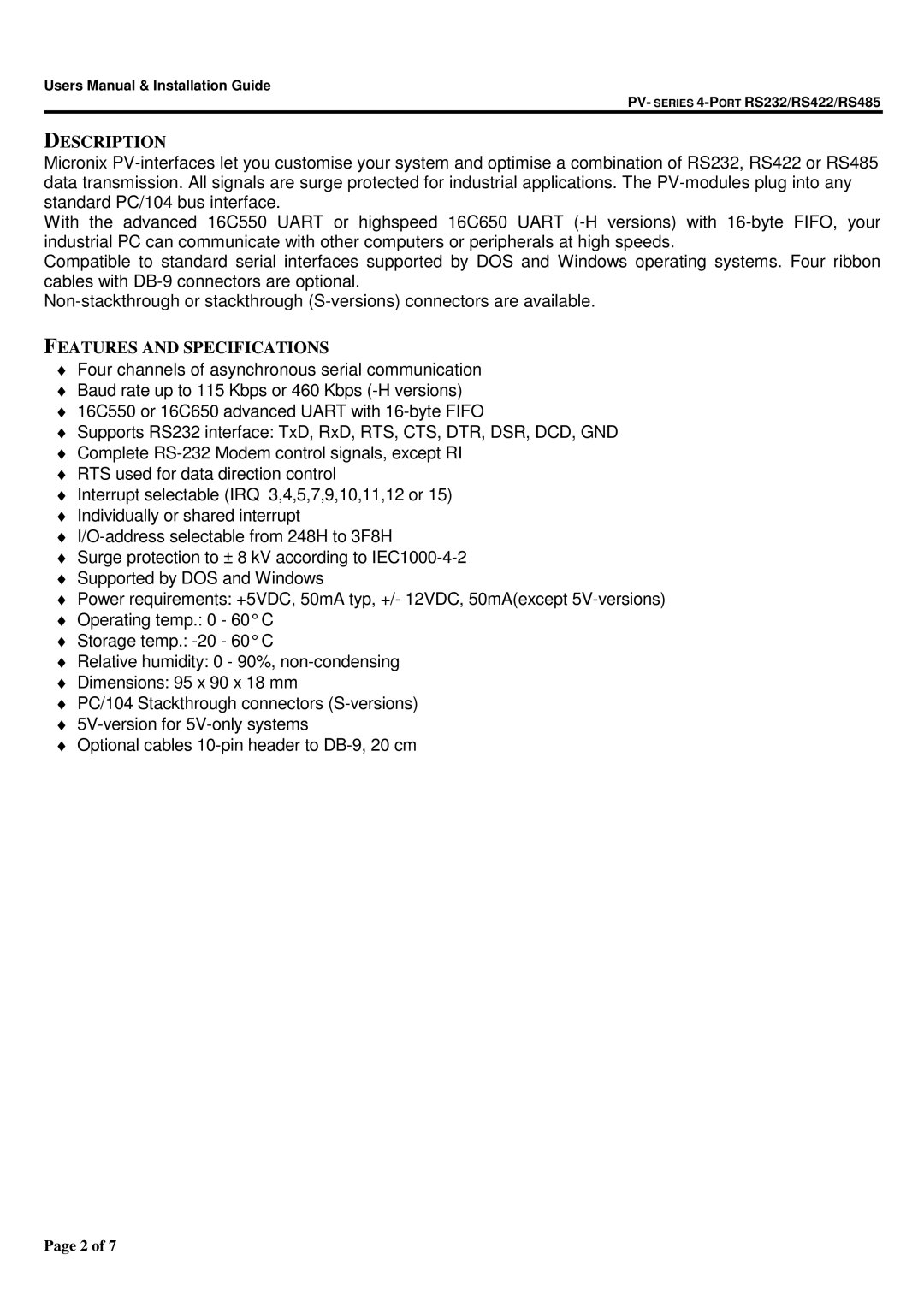 Micro Technic PV Series, RS422, RS485, RS232 user manual Description, Features and Specifications 