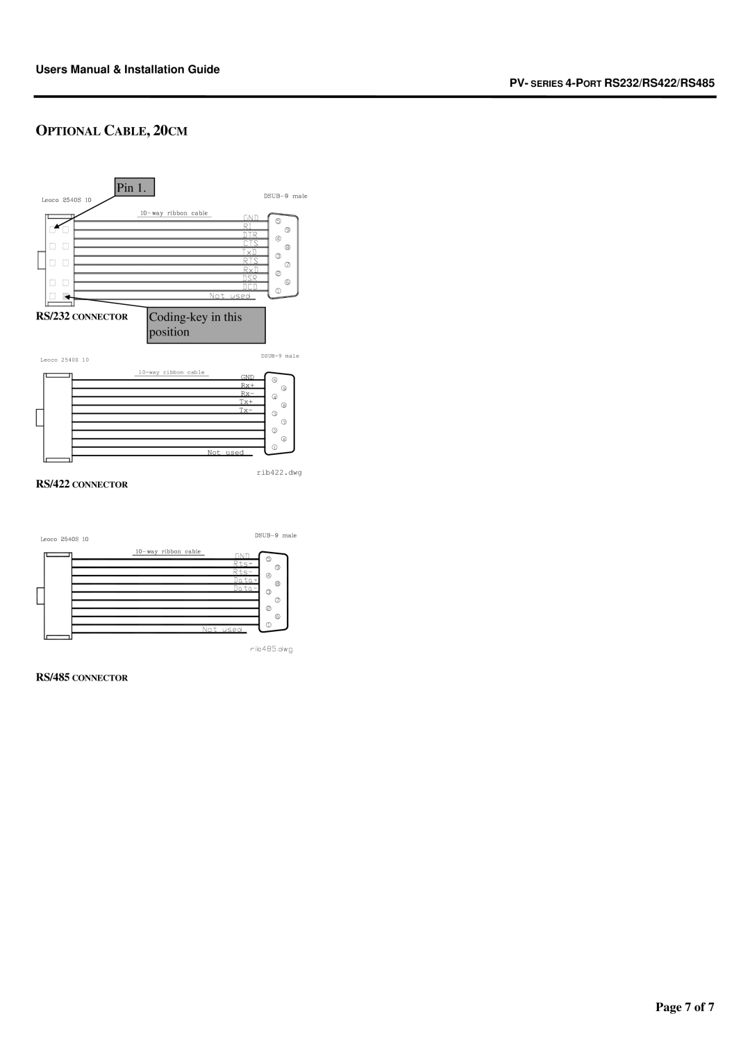 Micro Technic RS232, RS422, RS485, PV Series user manual Optional CABLE, 20CM 