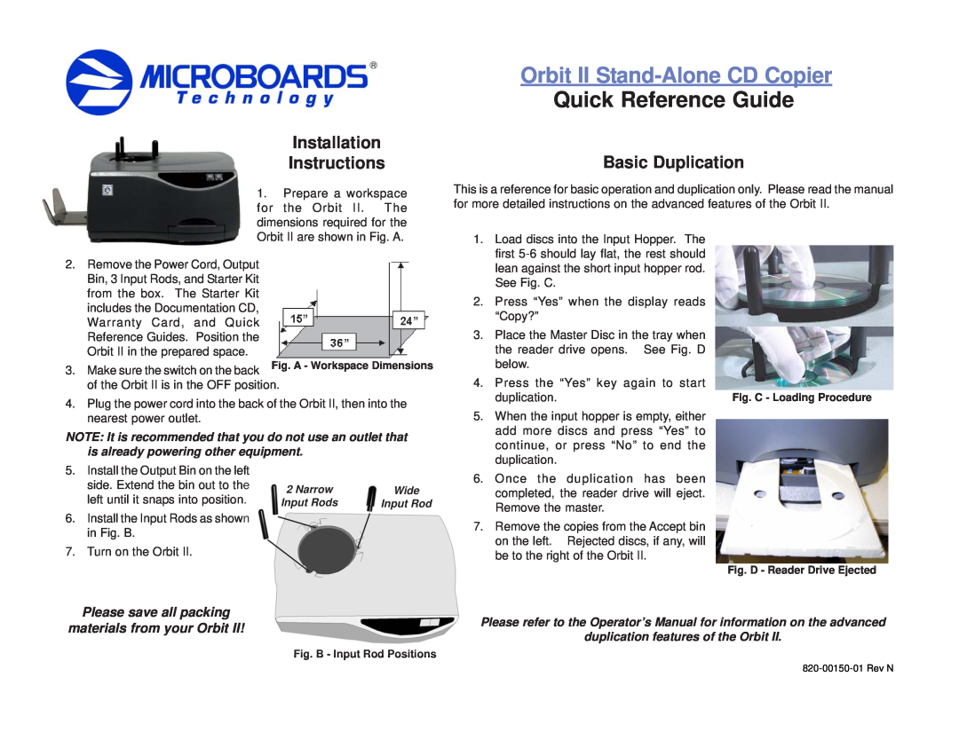 MicroBoards Technology 820-00150-01 installation instructions Orbit II Stand-Alone CD Copier, Quick Reference Guide 