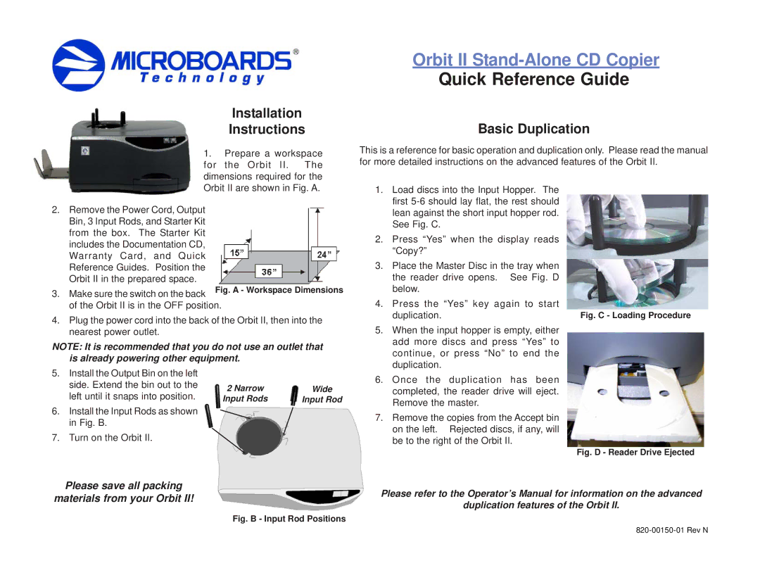 MicroBoards Technology 820-00150-01 installation instructions Orbit II Stand-Alone CD Copier, Quick Reference Guide 