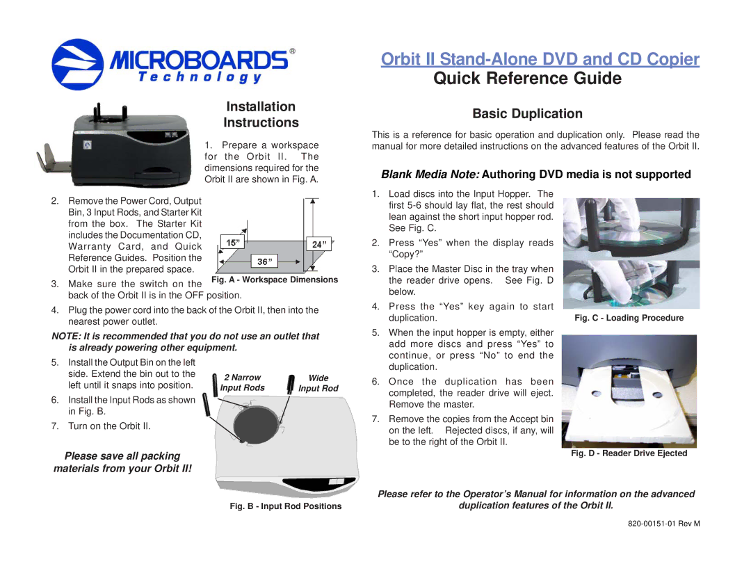 MicroBoards Technology 820-00151-01 installation instructions Orbit II Stand-Alone DVD and CD Copier, Basic Duplication 