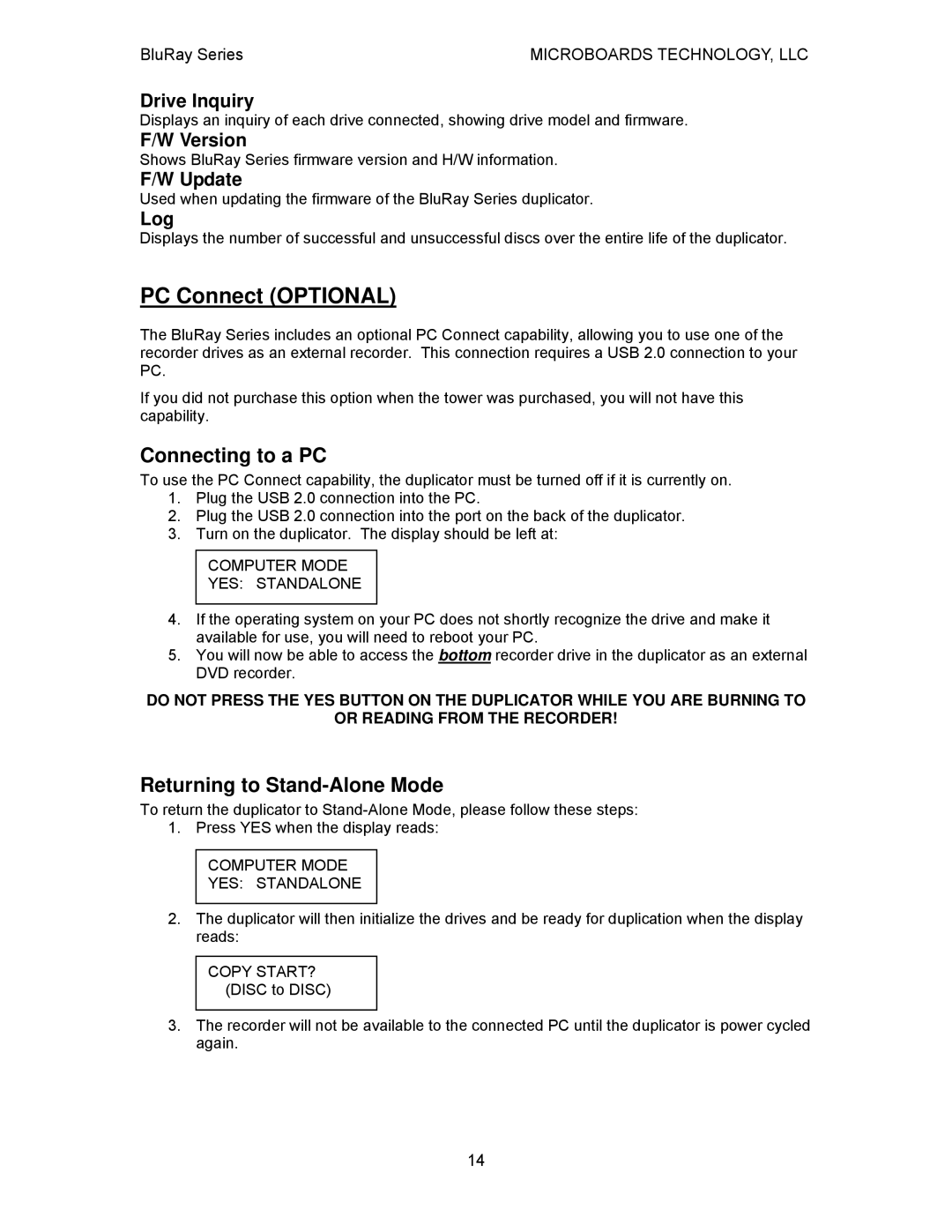 MicroBoards Technology BluRay Series user manual PC Connect Optional, Drive Inquiry, Version, Update, Log 