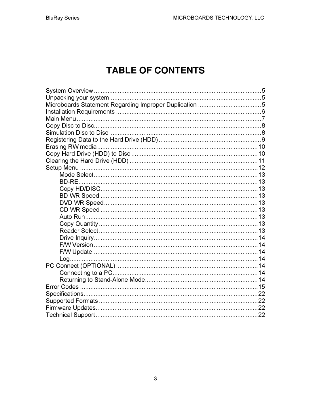 MicroBoards Technology BluRay Series user manual Table of Contents 