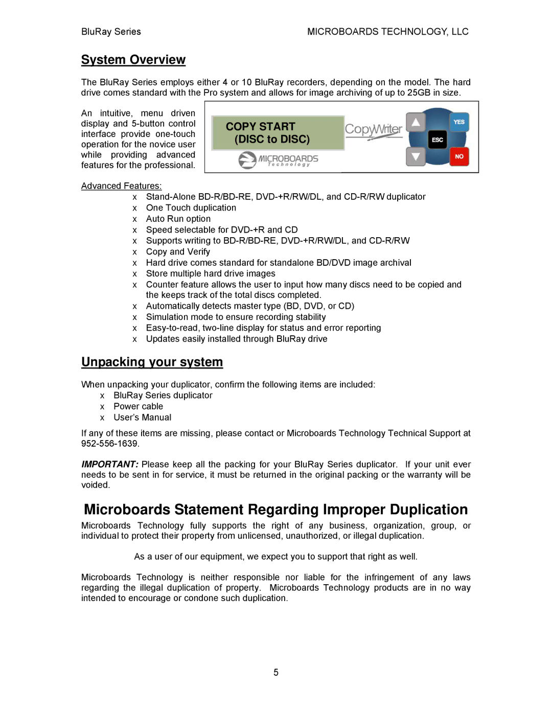 MicroBoards Technology BluRay Series user manual System Overview, Unpacking your system, Copy Start Disc to Disc 