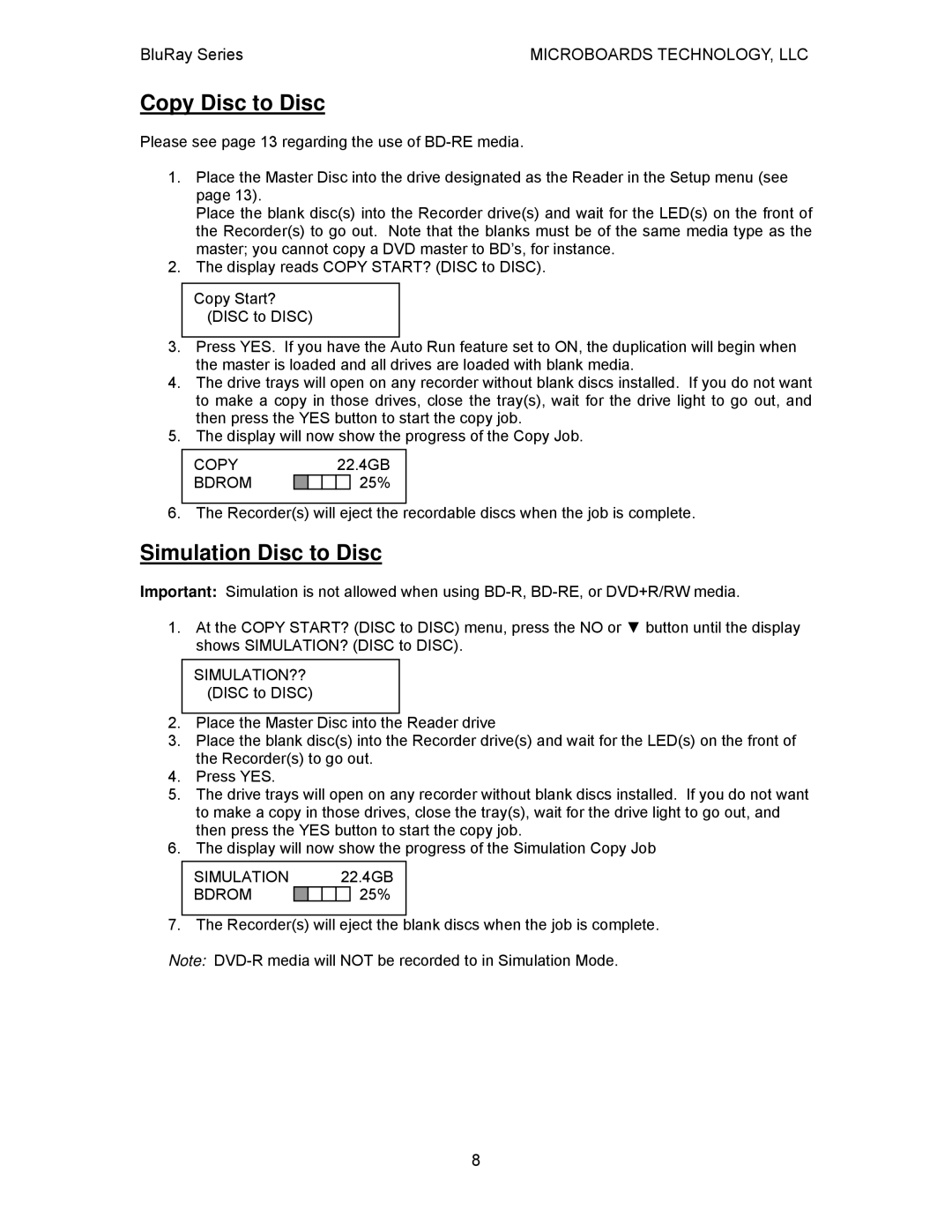 MicroBoards Technology BluRay Series user manual Copy Disc to Disc, Simulation Disc to Disc, Bdrom 