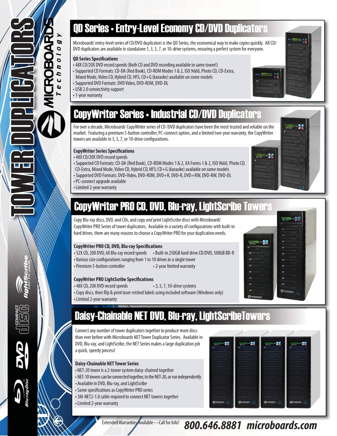 MicroBoards Technology Daisy-Chainable NETTower Series warranty QD Series Entry-Level Economy CD/DVD Duplicators 